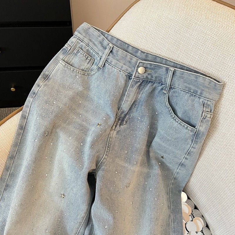 High Waist Denim Straight Jeans met Opdruk