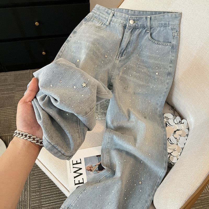High Waist Denim Straight Jeans met Opdruk